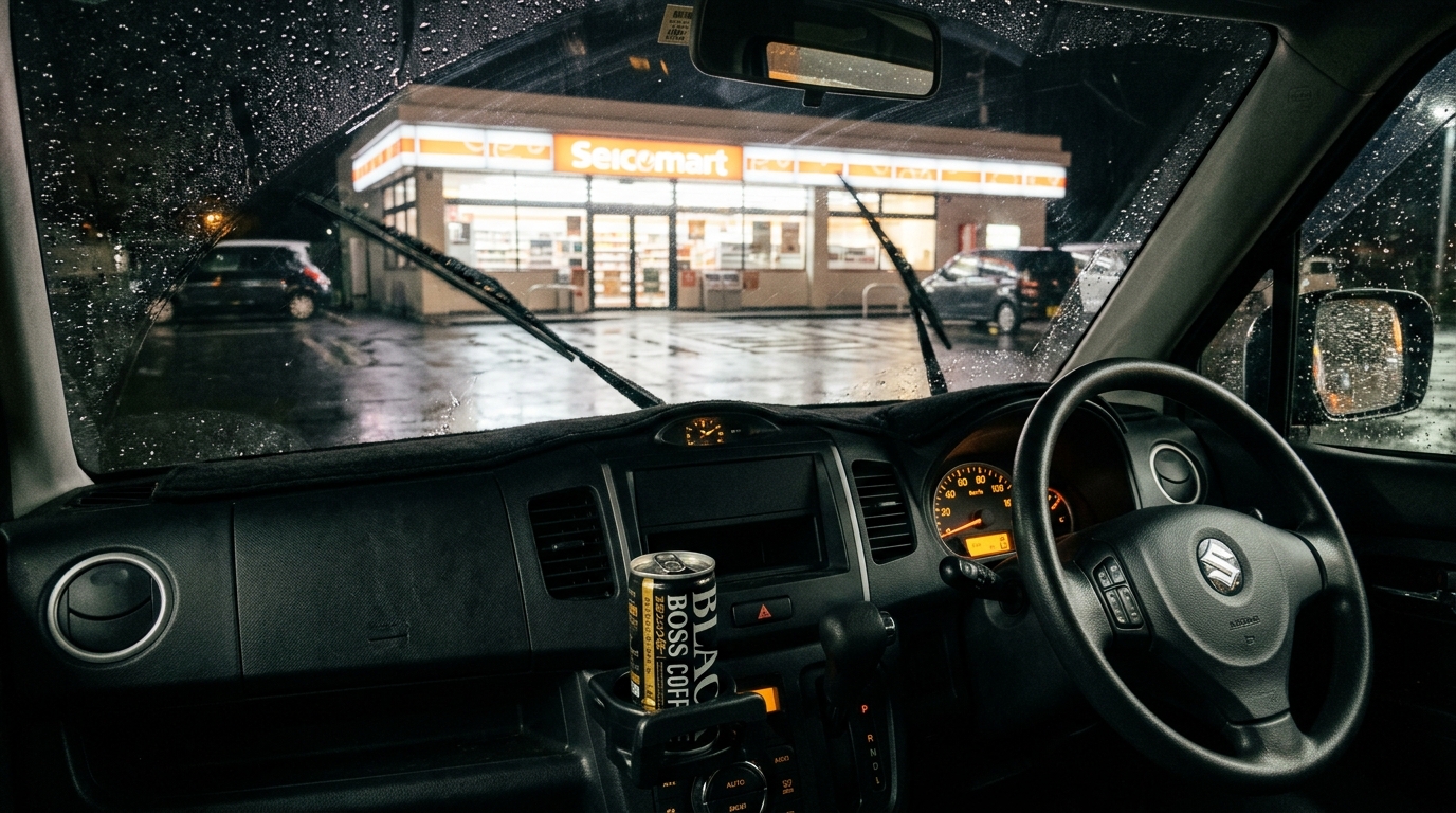 夜のコンビニの車内から見える雨の風景と缶コーヒー