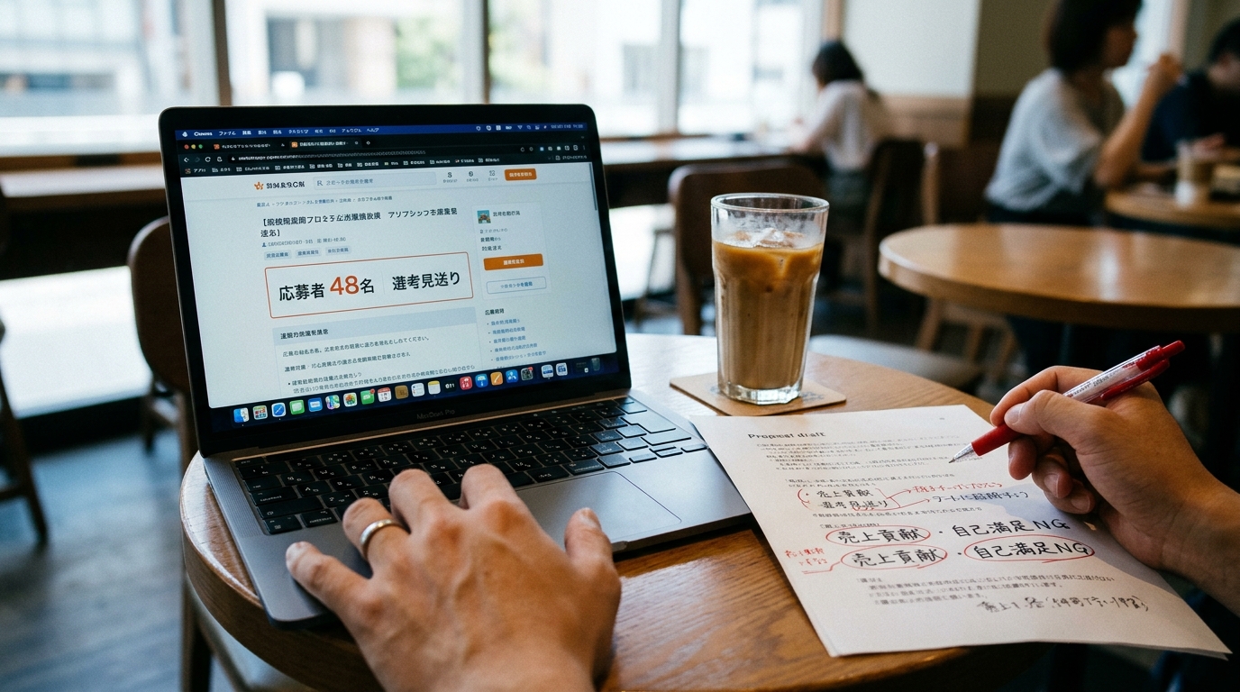 休日のカフェでクラウドソーシングの応募見送り画面と反省メモを見つめる男性の一人称視点